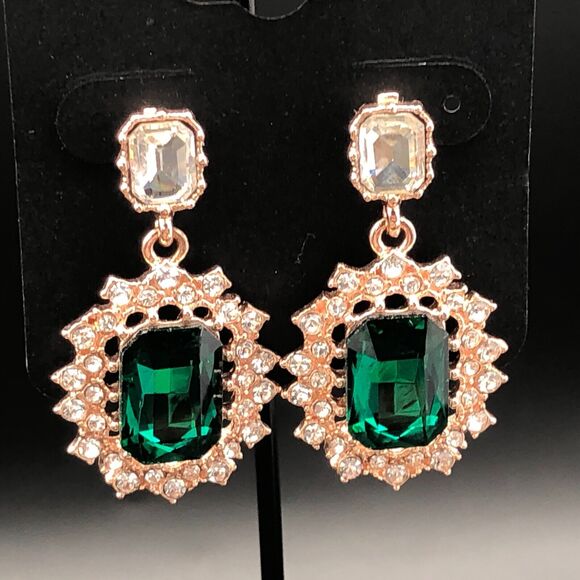 Simulated Emerald Earrings Green and Clear Crystals Cluster Bridal Dangles - Picture 1 of 6
